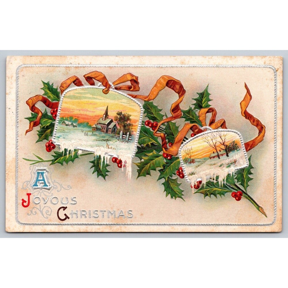 Vintage 1910 Christmas Postcard Embossed Snowy Church Winter Wisconsin Cancel